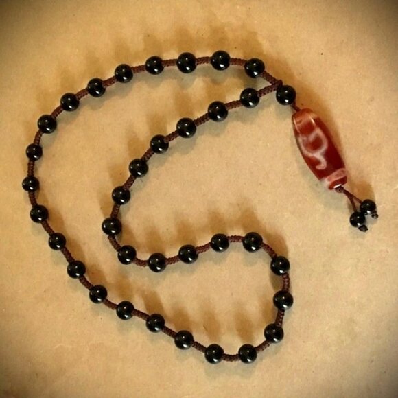 Vintage Tibetan Mala (Prayer Beads) w/ Fire Agate Dzi and Black Obsidian Beads - Picture 1 of 10
